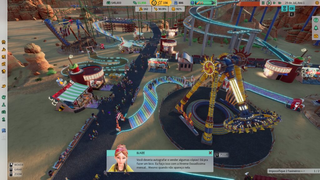 Captura de tela de Park Beyond exibindo o parque de diversão movimentado